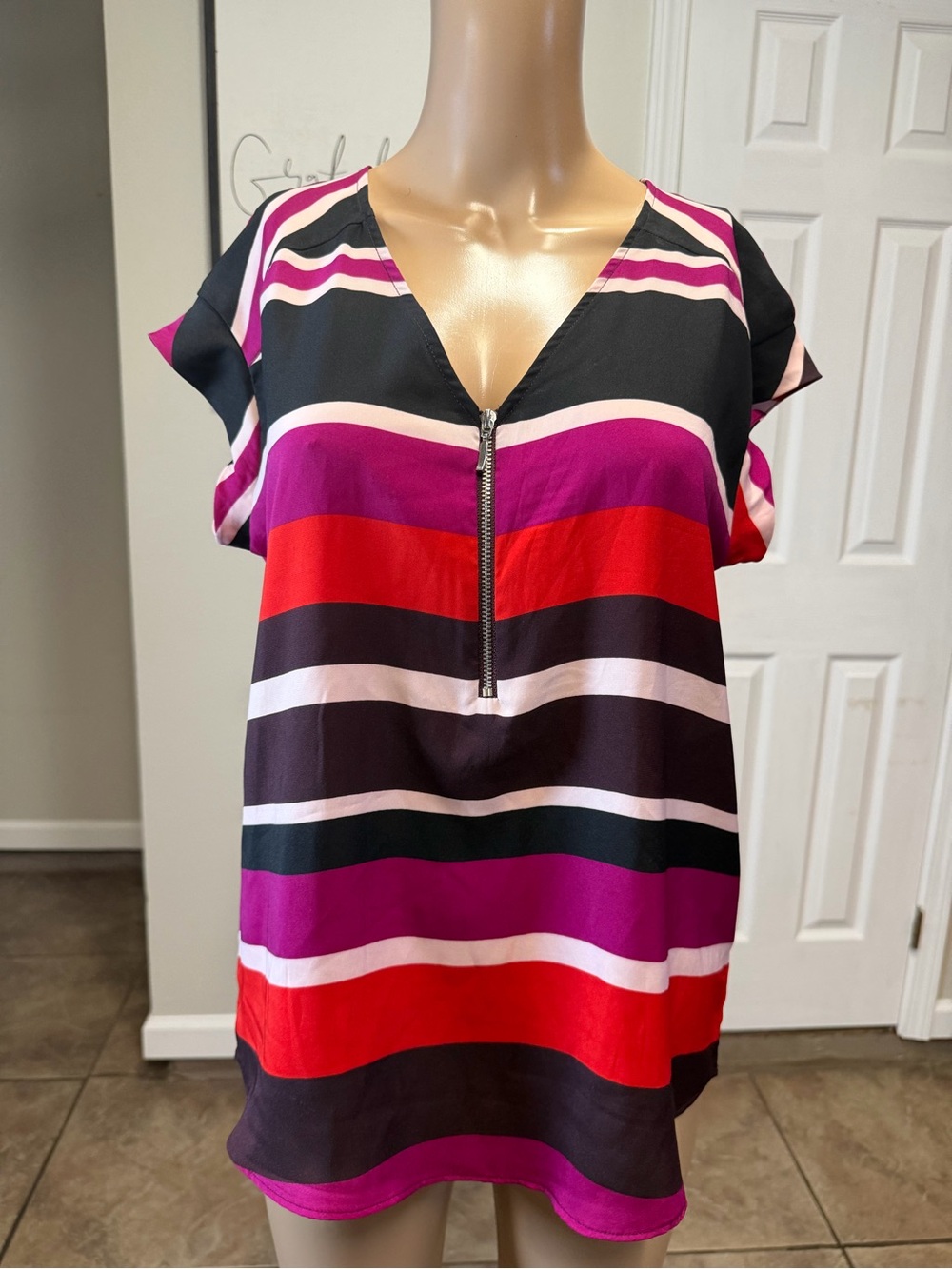 New York & Company Striped V-Neck Zip Blouse in Pink, Red & Black